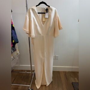 Halston Heritage Cream V-Neck Midi Dress with Flutter Sleeves